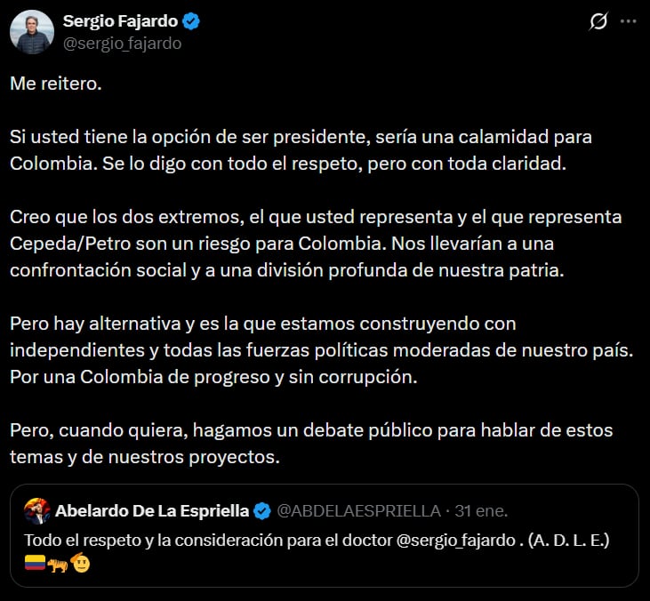 El exgobernador advirtió sobre los riesgos de la polarización y propuso un debate público para discutir proyectos y alternativas políticas. - crédito @sergio_fajardo/X