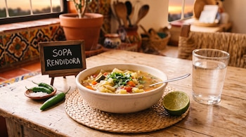 Un tazón de sopa de verduras, medio limón, chiles verdes, un vaso con agua y un pizarrón que dice SOPA RENDIDORA sobre una mesa de madera.