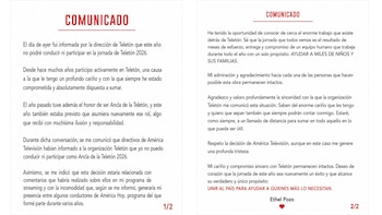 Un documento blanco con el título "COMUNICADO" en letras rojas y texto negro, distribuido en dos páginas. La firma Ethel Pozo aparece en la segunda página