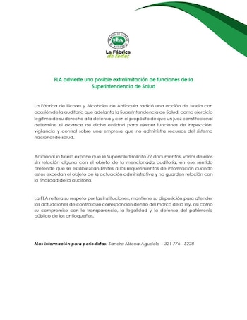 La Fábrica de Licores y Alcoholes de Antioquia presentó una acción de tutela contra el Estado por la auditoría de la Superintendencia Nacional de Salud - crédito FLA