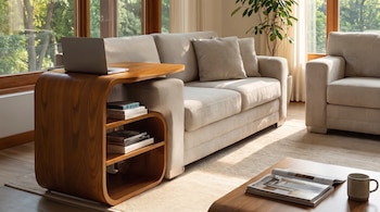 Sala con sofá beige, mesa auxiliar de madera, laptop, estantes con libros, mesa de centro con revista y taza, planta, ventanales grandes.