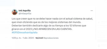 Inti Asprilla utiliza su influencia en redes sociales para denunciar el manejo inadecuado de los recursos de salud - crédito @intiasprilla/X