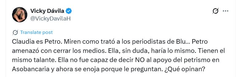 La periodista atacó a Claudia López por cuestionar informe periodístico sobre la jueza del caso Uribe - crédito @VickyDavilaH/X