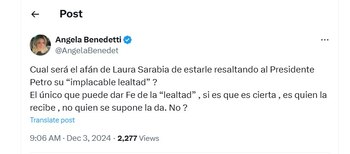 Angela Benedetti se fue en contra de Laura Sarabia - crédito @AngelaBenedet