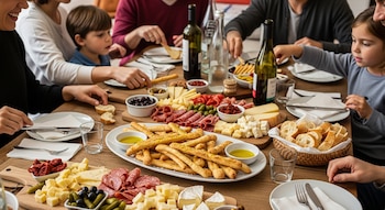 Vista aérea de una mesa de madera con una familia comiendo una picada abundante de bastoncitos de masa madre, quesos, embutidos y encurtidos.