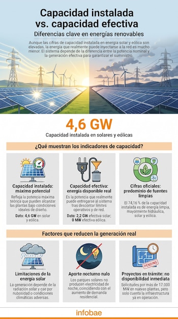 Infografía con paneles solares, aerogeneradores, torres de electricidad, gráficos, iconos y texto sobre la capacidad instalada y efectiva de energía.