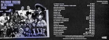 Cartel promocional con fotos de varios músicos y una lista de artistas con sus fechas de presentación sobre fondo oscuro