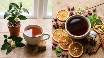 Dos tazas de té sobre madera: una con saquito y planta Camellia sinensis, la otra con frutas secas, flores, especias y hierbas para infusión.