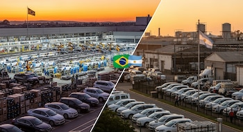 Planta automotriz en Brasil con coches en producción y trabajadores, bandera de Brasil. Fábrica en Argentina con coches y bandera de Argentina.
