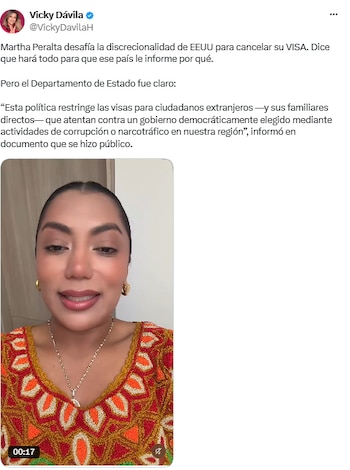 Vicky Dávila cuestionó a Martha Peralta por la revocación de su visa - crédito @VickyDavilaH/X