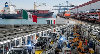 Vista compuesta de una planta de ensamblaje de automóviles con robots y coches en producción, y un puerto con un buque de carga, tren y bandera de México.