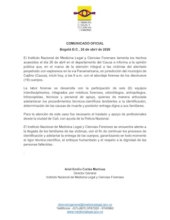 El Instituto Nacional de Medicina Legal confirmó hasta el momento 19 víctimas mortales por el ataque con explosivos en la vía Panamericana - crédito Medicina Legal