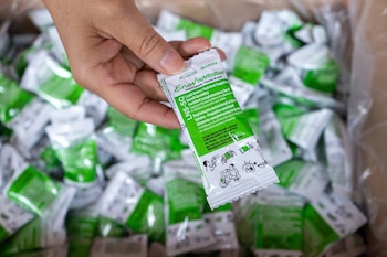 Una mano sostiene un sobre individual de suplemento nutricional de colores blanco y verde. Se observa una caja llena de muchos sobres similares en el fondo