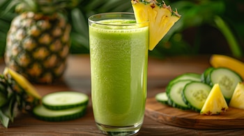 Bebida natural de piña y pepino, jugo refrescante, opción saludable con fibra y vitaminas, bebida veraniega, jugo de frutas nutritivo, refresco fresco y hidratante, bebida deliciosa y nutritiva, jugo casero, bebida refrescante natural, combinación de piña y pepino, jugo para el verano, bebida rica en nutrientes, opción saludable y deliciosa - (Imagen Ilustrativa Infobae)