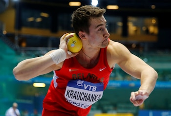 FILE PHOTO: Andrei Krauchanka of Belarus competes during the men's shot put heptathlon event at the world indoor athletics championships at the ERGO Arena in Sopot March 7, 2014. REUTERS/Kai Pfaffenbach/File Photo