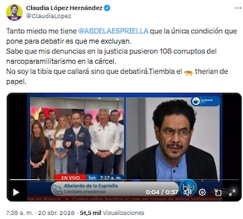 Claudia López acusó a Abelardo de la Espriella de intentar excluirla de debates por temor a sus denuncias - crédito @ClaudiaLopez/X