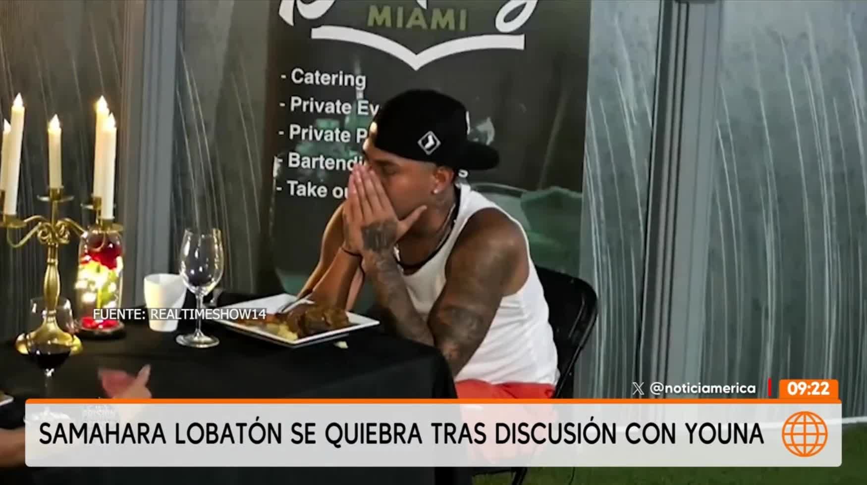 Youna se cubre el rostro durante una cena tras una discusión con Samahara Lobatón en el programa La prisión del destino 2. (América TV)