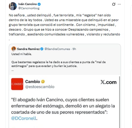 El abogado Iván Cancino tildó de miserable a Sandra Ramírez - crédito @CancinoAbog/X