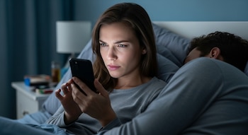 Una mujer de cabello castaño y pijama gris mira fijamente un teléfono móvil negro, que ilumina su rostro, mientras yace en la cama junto a un hombre dormido.