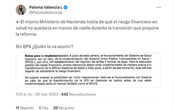 Paloma Valencia expresa preocupación sobre que el riesgo financiero en salud no quedaría en manos de nadie durante la transición que propone la reforma - crédito @PalomaValenciaL