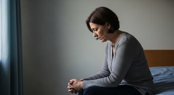 Mujer de cabello oscuro sentada de perfil en el borde de una cama, con cárdigan gris, manos entrelazadas y mirada baja. Luz de ventana a la izquierda, pared gris de fondo.