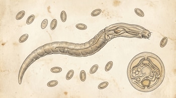Ilustración científica vintage en tonos sepia de Enterobius vermicularis, un nematodo. Muestra el gusano adulto en vista lateral, huevos ovalados y un corte transversal esquemático.
