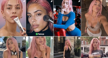Mosaico de ocho fotos de una mujer de cabello rosa en diferentes posados, maquillándose, en el gimnasio y caminando por la ciudad