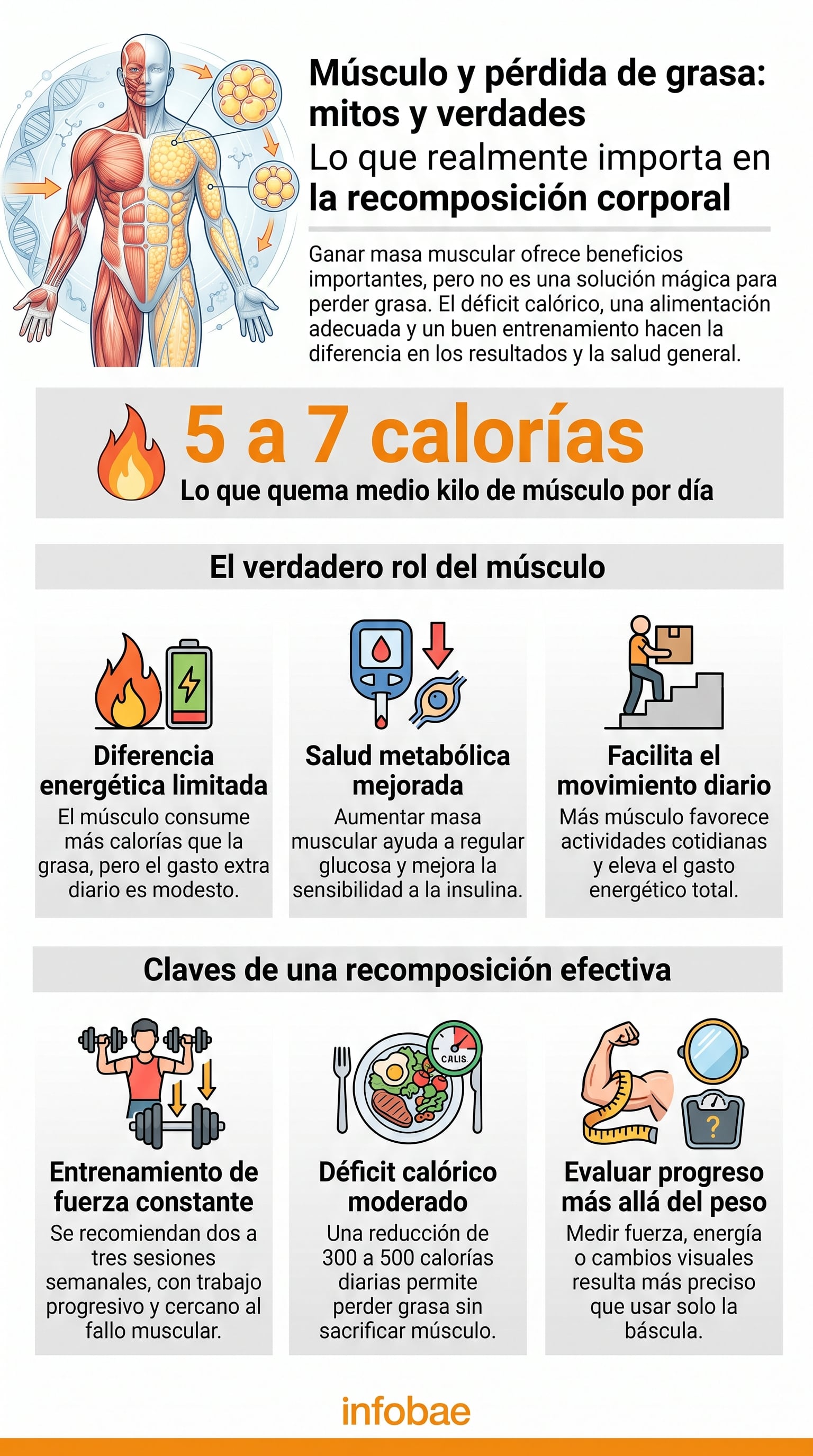 La masa muscular gasta más energía en reposo que la grasa, pero la diferencia es limitada. (Imagen Ilustrativa Infobae)
