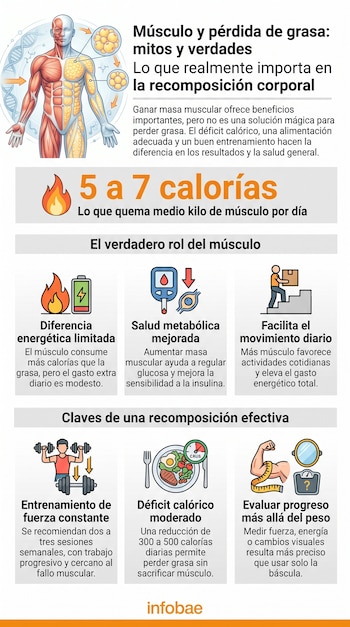 Infografía con diagrama de cuerpo humano, iconos de calorías, salud, actividad física, entrenamiento con pesas, alimentación, y medición de progreso con texto informativo.