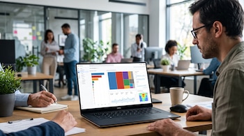 Un hombre frente a una computadora portátil con gráficos de analítica web en la pantalla, en una oficina con más personas al fondo.
