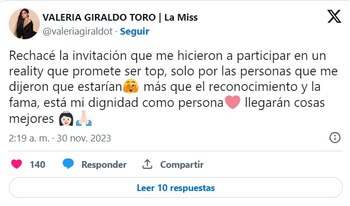 Valeria Giraldo rechazó estar en La casa de los famosos - crédito @valeriagiraldot/X