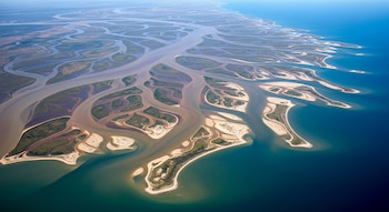 Vista aérea de un gran delta fluvial con ramales de agua marrón turbia y formaciones de tierra verde y beige, que se extiende hacia el mar azul profundo.