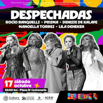 Cartel promocional con el título Despechadas, fotografías de cinco cantantes con micrófonos y detalles de fecha y lugar del evento