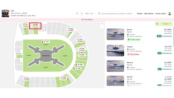 Captura de pantalla de un sitio web con el mapa interactivo del Estadio San Marcos y una lista de precios en soles para entradas