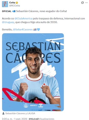 Celta de Vigo hizo oficial la contratación de Sebastián Cáceres.