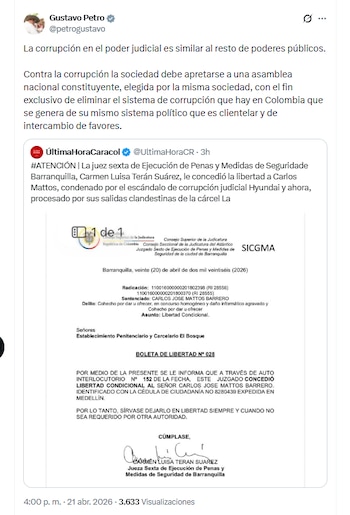 El presidente Gustavo Petro criticó al decisión de una jueza de otorgar la libertad condicional al empresario Carlos Mattos, condenado por cohecho por dar u ofrecer - crédito @petrogustavo/X