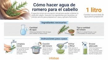 Ilustración con un proceso que muestra manos, grifo, ramas de romero, olla, colador, recipiente con líquido, botella atomizadora y texto instructivo.