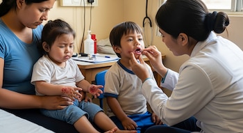 Una médica examina la boca de un niño sentado en una silla azul, mientras una mujer sostiene a otro niño con lesiones en la mano, en un consultorio médico.