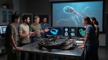 Seis científicos de pie alrededor de una mesa de metal con una gran mandíbula fósil. Detrás, monitores muestran imágenes 3D y radiografías. Una pantalla gigante proyecta un pulpo digital.