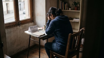 Mujer de espaldas sentada ante una mesa con una libreta y un cartel con la frase BUSCO AYUDA Y PROTECCIÓN.