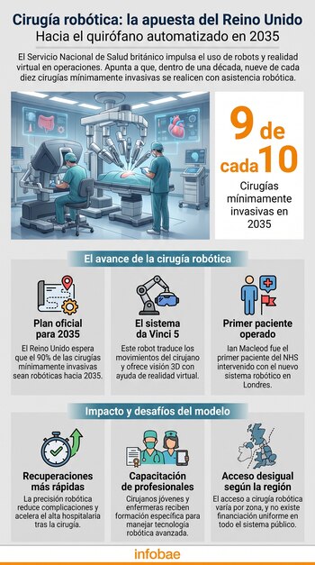 Infografía de cirugía robótica en el Reino Unido. Muestra sala de operaciones con robot, iconos de plan 2035, sistema da Vinci 5, paciente, recuperaciones, cirujanos, mapa.