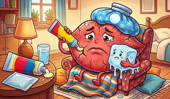 Ilustración de un labio rojo agrietado con expresión triste en un sillón, con una compresa fría, un cubo de hielo y aplicándose crema, en una habitación