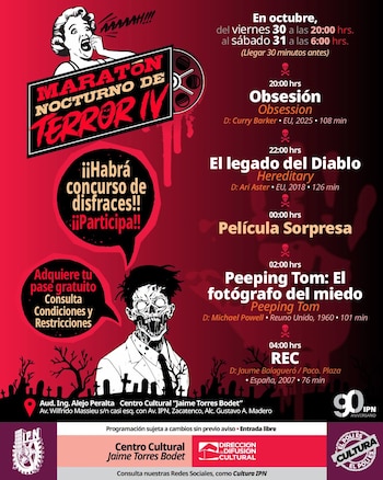 Cartel rojo y negro con ilustraciones de terror, títulos de películas, horarios de proyección y logotipos institucionales