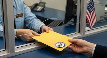 Manos de oficial consular y solicitante intercambian un sobre amarillo con el logo del Departamento de Estado de EE. UU. a través de una ventanilla de vidrio en un consulado.