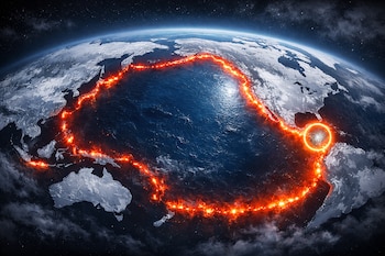 Fotografía conceptual de la Tierra desde el espacio, mostrando el océano Pacífico. Una línea roja brillante representa el Cinturón de Fuego, con un halo luminoso sobre Perú.