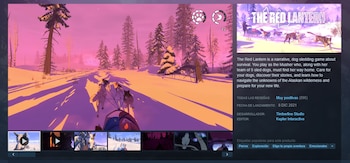 Captura de pantalla del videojuego The Red Lantern mostrando una escena de trineo de perros en un bosque nevado con cielo rosado y árboles invernales