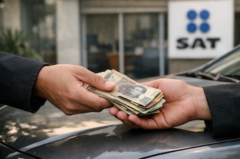 Una mano entrega un fajo de billetes de pesos mexicanos a otra mano sobre el capó de un coche oscuro, con un cartel del SAT en un edificio desenfocado al fondo.