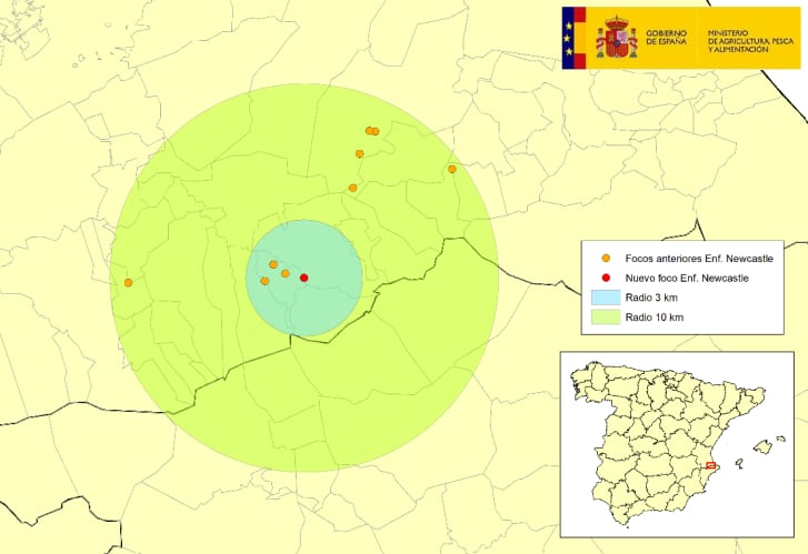 Focos de enfermedad de Newcastle en la provincia de Valencia. (Ministerio de Agricultura)