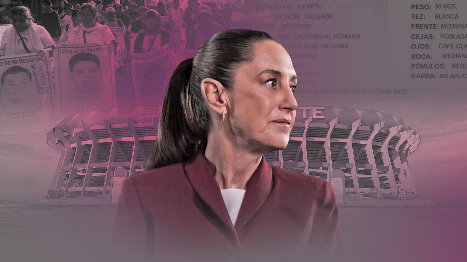 La presidenta Claudia Sheinbaum se muestra en una composición que yuxtapone el Estadio Azteca, sede del Mundial 2026, con imágenes de fichas de búsqueda de personas desaparecidas, reflejando un contraste social en México. (Jovani Pérez)