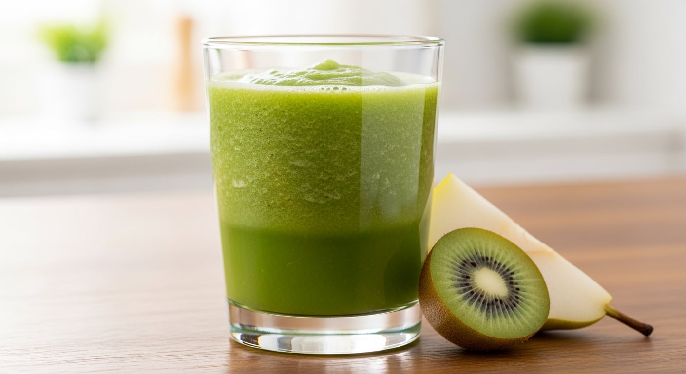Un vaso de batido verde, elaborado con kiwi y pera fresca, se presenta sobre una mesa de madera. La imagen resalta la textura cremosa de la bebida y la frescura de las frutas, promoviendo opciones saludables y naturales para el desayuno o la merienda. (Imagen Ilustrativa Infobae)